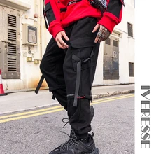 Хип-хоп брюки-карго с лентами мужские хлопковые черные повседневные уличные брюки джоггеры длинные брюки с эластичной резинкой на талии Боковые спортивные брюки с карманами