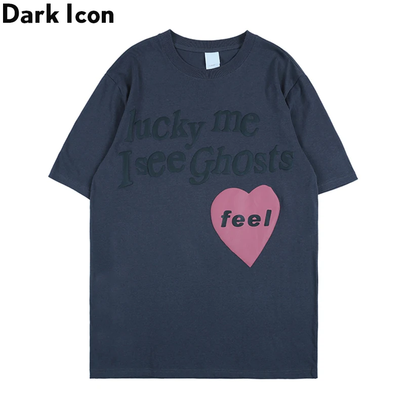 

Dark Icon Letter & Heart Printed Tshirt 2020 Summer streetwear T-shirt Short Sleeved Minimalist Tee High Street T shirt Men
