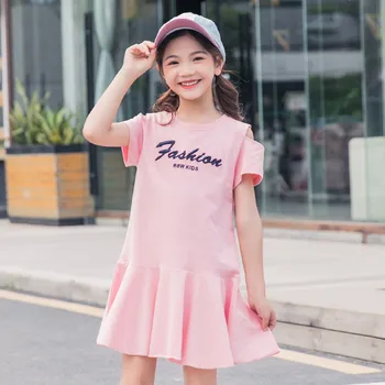 

YourSeason Off Shoulder Girls Summer New Letter Embroidery Mini Dress Korean Fashion Teen Girls Leisure Loose Dresses Clothing
