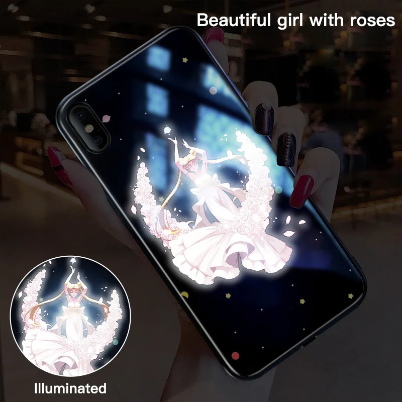 Чехол из стекла с рисунком Сейлор Мун для iPhone XSmax XR XS X 8 7 Plus, Роскошный милый умный светящийся чехол для телефона - Цвет: Sailor Moon 1