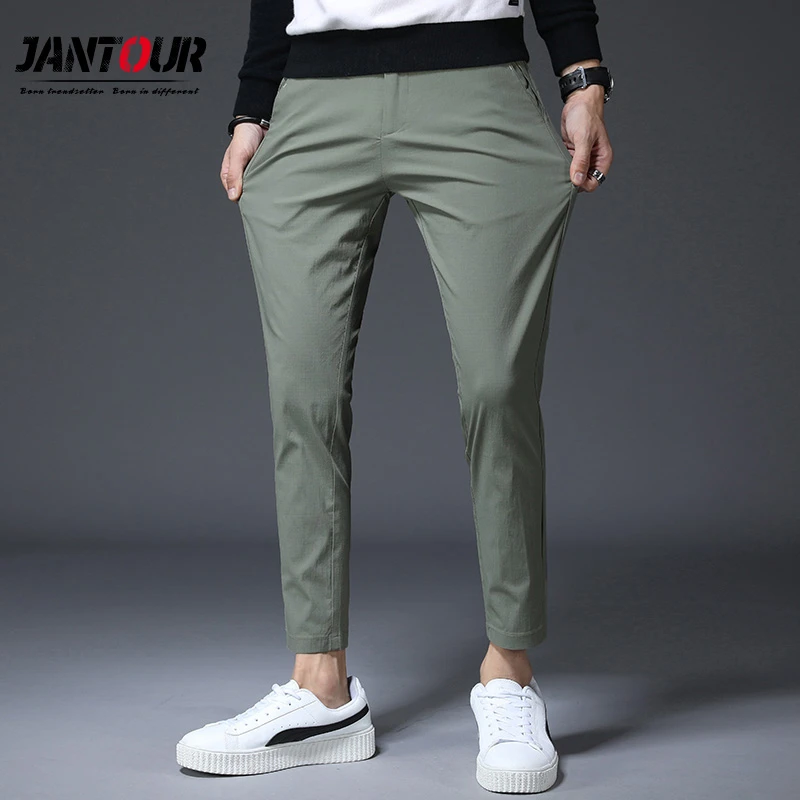 Spring Summer Ankle-length Pants Men Casual Slim Straight Fit Fashion  Trousers Male Cotton Brand Green Pant Size 33 34 36 38 - Casual Pants -  AliExpress