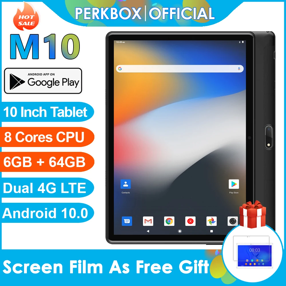 Планшет Perkbox M10 10 дюймов Восьмиядерный Android 2021 6 ГБ ОЗУ 64 Гб ПЗУ 0x1280 HD экран две