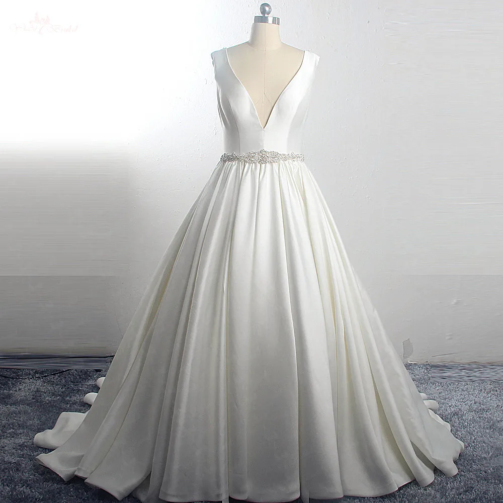 RSW1568 Yiaibridal настоящее свадебное платье на заказ, элегантное атласное свадебное платье с поясом, а-образной линией, пуговицами сзади, глубоким v-образным вырезом