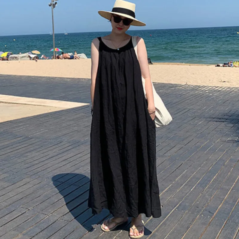 

LANMREM 2020 new summer fashion women clothing O-neck pullover loose straps big size vacation dress sleeveless WL04901L