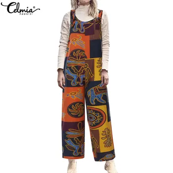 

Celmia 2020 Summer Women Vintage Linen Jumpsuits Print Rompers Sexy Straps Sleeveless Playsuits Kaftan Dungarees Casual Pantalon