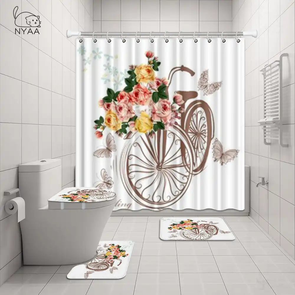 Nyaa 4 Pcs Bicycle With Rose Flowers Shower Curtain Pedestal Rug Lid Toilet Cover Mat Bath Mat Set For Bathroom Decor Bathroom Accessories Sets Aliexpress