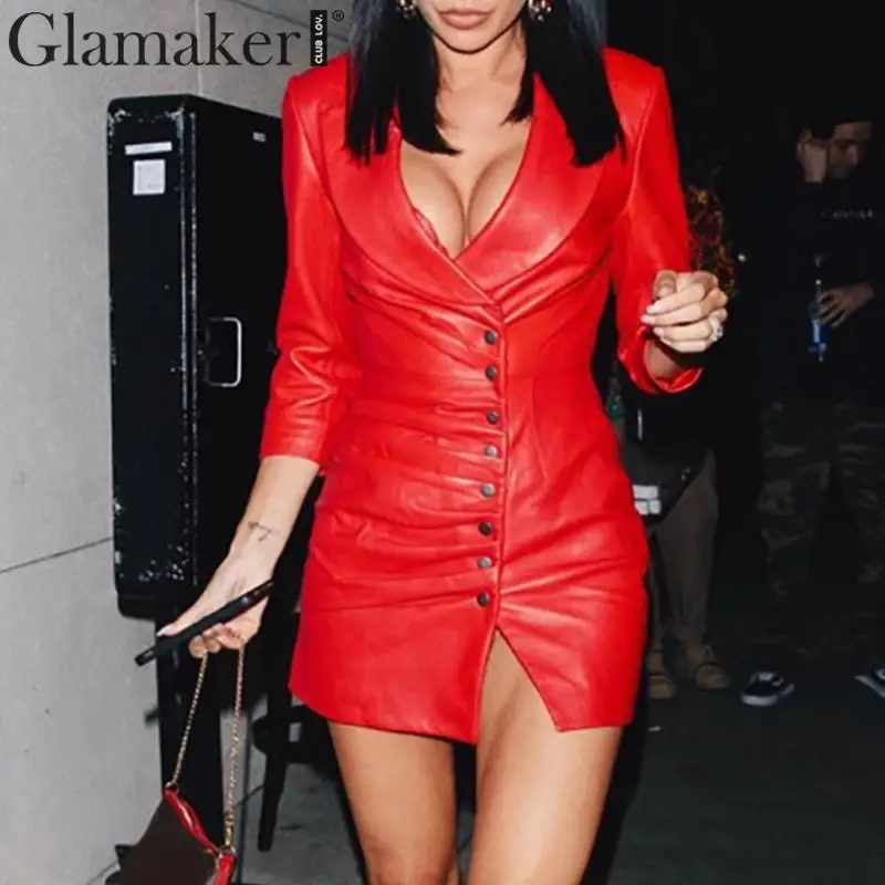 Glamaker сексуальное однотонное Плиссированное короткое платье из искусственной кожи женское облегающее осеннее платье с длинным рукавом женское элегантное для вечеринки и клуба зимнее платье
