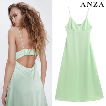 

2020 Women Summer Mididress with V-neck sleeveless Hollow Out In Back Sexy Dress Femme Party Slip Green Mididress