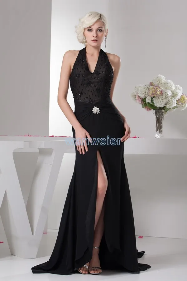 

free shipping new fashion 2016 with train elegant formal design gown beading chiffon custom size halter black evening dresses