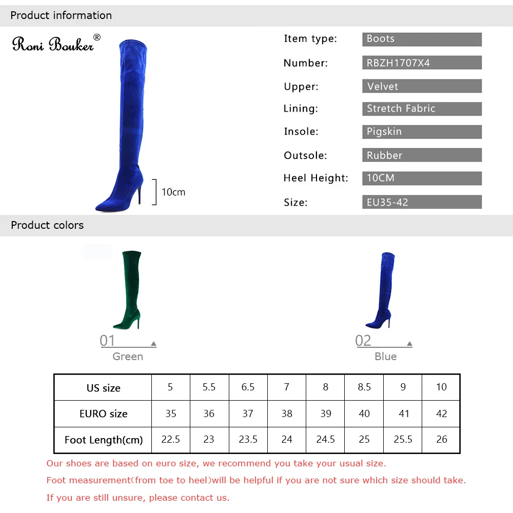 Roni Bouker, зеленые бархатные женские ботфорты выше колена осенне-зимняя обувь женская пикантная обувь на высоком тонком каблуке из эластичной ткани без застежки, размер 42