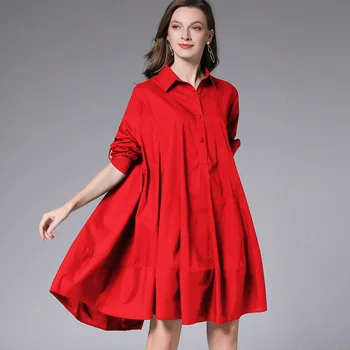 

Solid Color Plus Size Length Casual Dress 2020 Spring Fashion Lapel Single Breasted Stitching Irregular Hem Loose Shirt Dress
