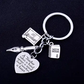 

12PC Engraved Words A Teacher Takes A Hand Opens A Mind Keyring Teacher Pen Notebook Pendant Keychain Teachers Thanksgiving Gift