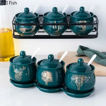 

3Pcs/Set Green Ceramics Cruet Condiment Spice Jars Set Salt and Pepper Shakers with Spoon Kitchen Seasoning Tools