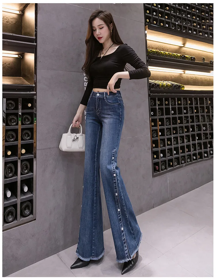 High Waist New Elastic Fabric Women Fashion Jeans Flare Pants Casual Slim Sexy Split Female Denim Jeans Ladies trousers denim jeans