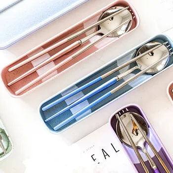 

3pcs/set Portable Stainless Steel Creative Cutlery Knife Fork Chopsticks With Box Lunch Portable Kitchen Tool High Quality