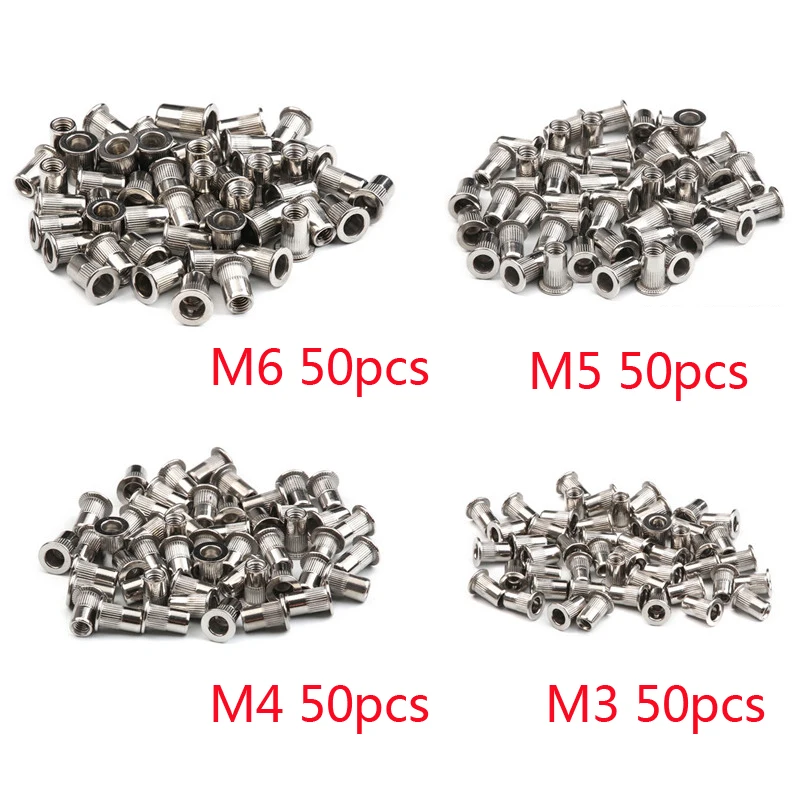 

200/50 PCS Stainless Steel/Carbon Steel Flat Head Rivet Nuts Set M3 M4 M5 M6 Insert Reveting Multi Size Rivet Nuts