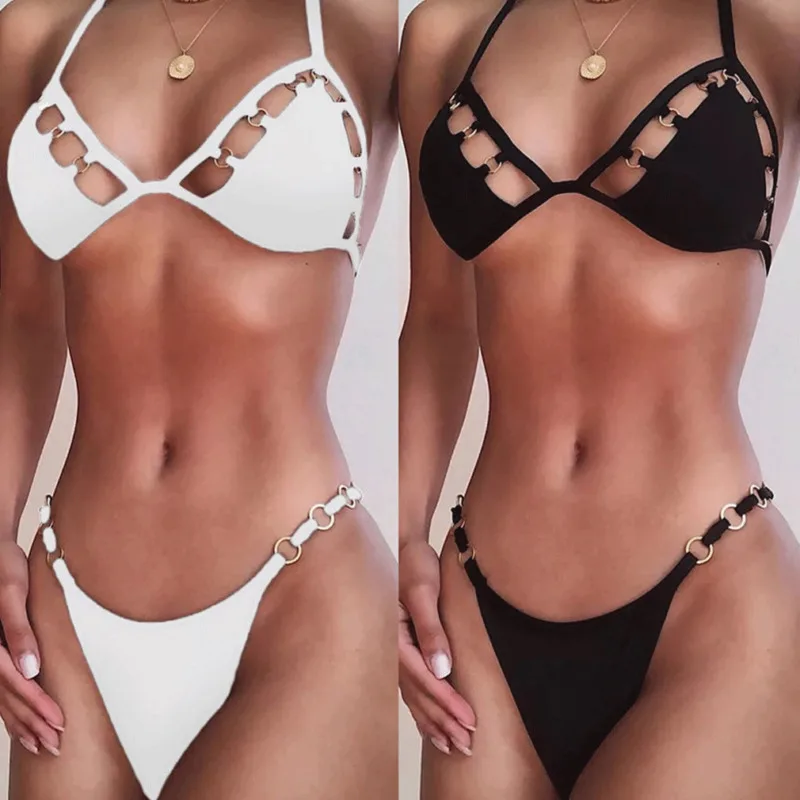 UK Womens Padded Push-up Halter Triangle Bikini Bra Set Thong Hollow Out Brazilian Swimsuit Bathing Suit Swimwear Beachwear |
