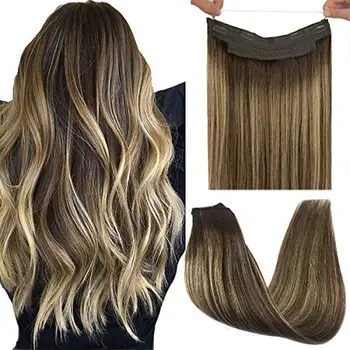 

Hair Extensions Halo Hair Ombre Ash Blonde to Golden Blonde Mixed Platinum Blonde 16 Inch 80g Remy Human Hair Extensions Hidden