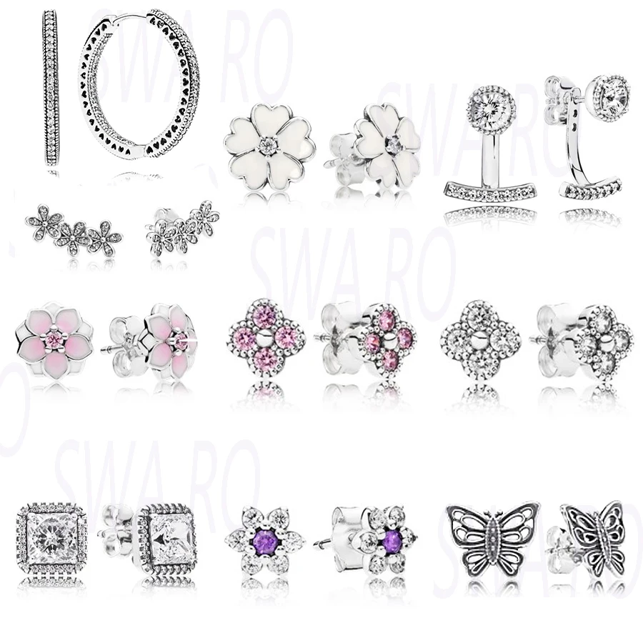 

2019 New Fashion Sterling Silver 925 Magnolia Inlaid Earrings Butterfly Shape Pierced Earrings Original 1:1 Ladies Fine Jewelry