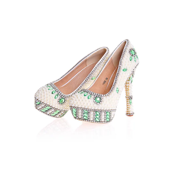 Свадебные туфли; цвет БЕЖЕВЫЙ, жемчужно-зеленый; туфли-лодочки с украшением в виде кристаллов; женская обувь на высоком каблуке и платформе с круглым носком; пикантные свадебные туфли со стразами для вечеринок