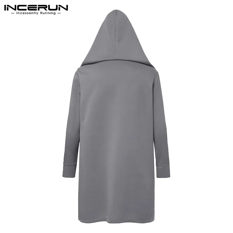 INCERUN Fashion Men's Trench Outerwear Long Sleeve Hooded Pockets Casual Chic Coats Streetwear Solid Men Long Windbreakers