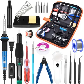 

EU/US Plug 220V 110V60W Adjustable Temperature Electric Soldering Iron Kit 5pcs Tips Portable Welding Repair Tool Tweezers knife