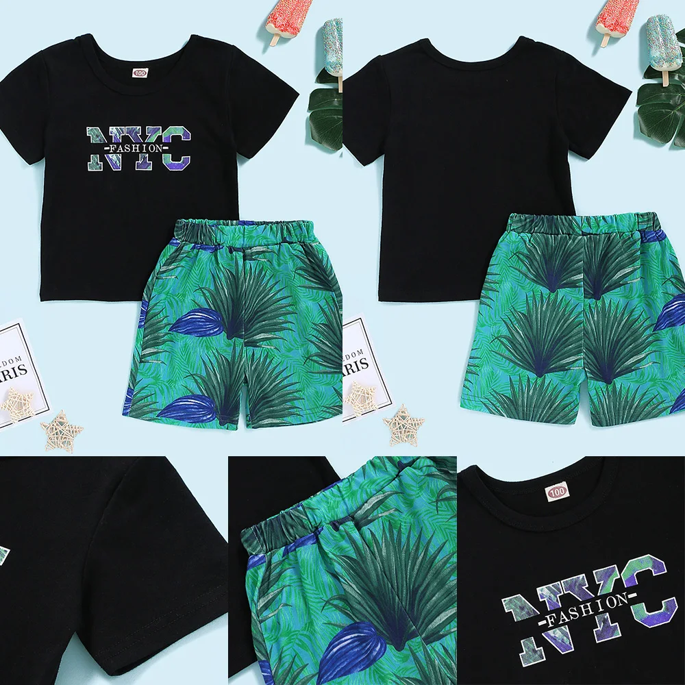 

Baby Boys Letters Printed Short Sleeve Cotton Blend O-Neck Shirt Toddler Boy Summer Clothes Outfits Tops+Shorts Kids Suits D30
