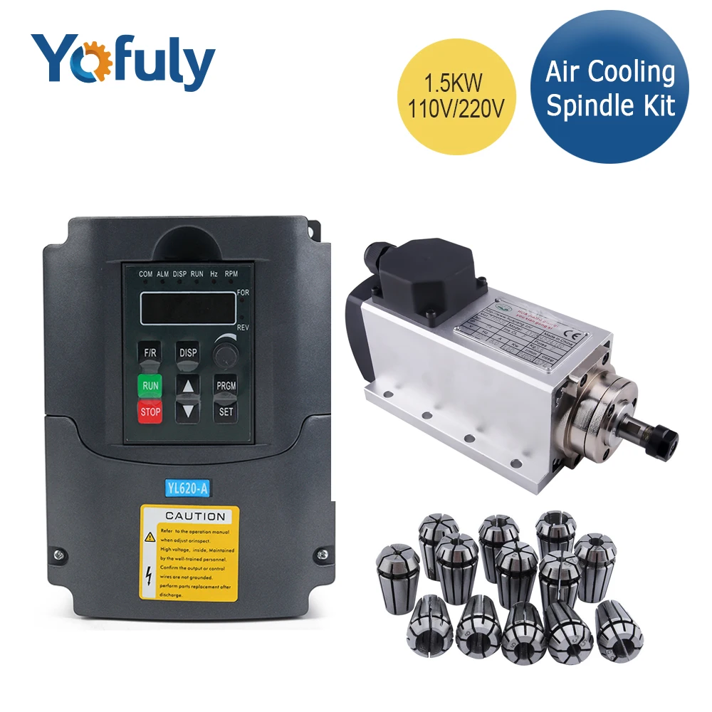 1.5kw 220v/110v CNC Square Air Cooling Spindle Motor  ER11 Collet1500W Air-cooled Milling Spindle+1.5KW VFD Inverter+13pcs Er11