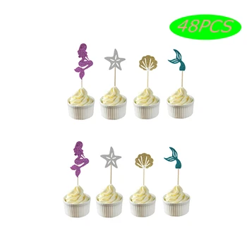 

48Pcs Mermaid Cupcake Topper Tail Seashell Starfish Mermaid Cake Pick Baby Shower Wedding Birthday Party Supplies Cake Decor
