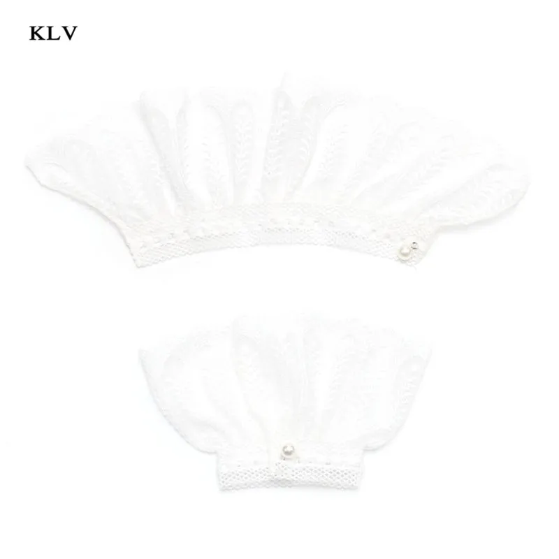 White lace Женские Девушки поддельные расклешенные рукава цветочные кружева плиссированные с рюшами Ложные манжеты свитер блузка одежда Наручные Теплые с искусственным жемчугом пуговицы - Цвет: White lace