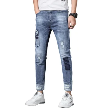 

Season Elastic Force Hole Nine Points Jeans Male 2020 Slim Fit Feet Pants Tide 9 Points Men Jeans Zi