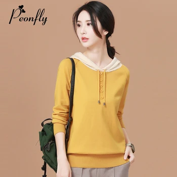 

PEONFLY Fashion Woman Solid Hooded Sweater Female Long Sleeve Korean Harajuku Soft Jumpers Sweater Ladies Pull Femme