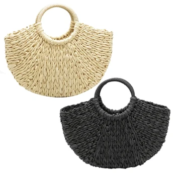 

Handmade Beach Bag Round Straw Tote Bag Large Bucket Summer Bag Ladies Natural Shopping Basket Handbag