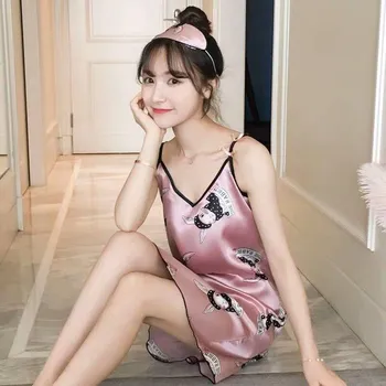 

New satin silk nightdress women sexy home nightgowns female sleepwear summer slim print nightshirt women's nightwear sling dress