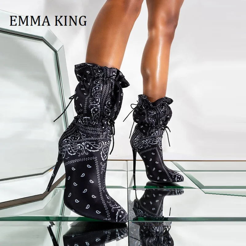 

Женские пикантные ботинки на шпильке с принтом, черные туфли на плохом каблуке с банданами, роскошный дизайн, сезон осень-зима 2020