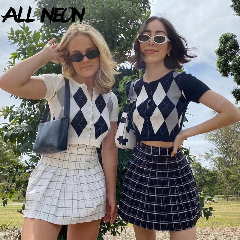 Уличная одежда ALLNeon 90-х клетчатые вязаные футболки с узором ромбиками винтажные