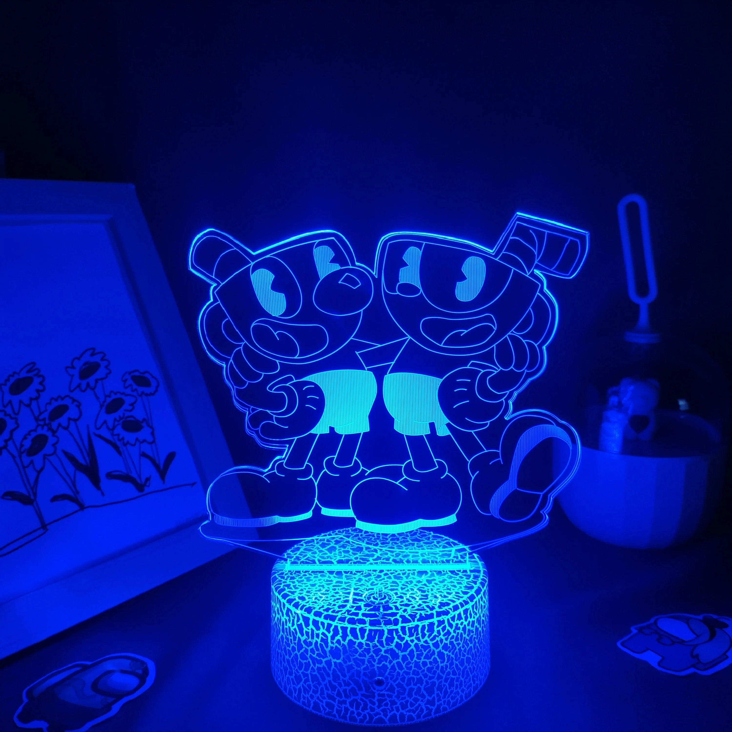 Cuphead Mugman ���� 3D Led ��� ���� RGB �׿� ���͸� �߰� ���� ģ�������� ���� ���� ���� �� ���̺� å�� ��ä�ο� ���