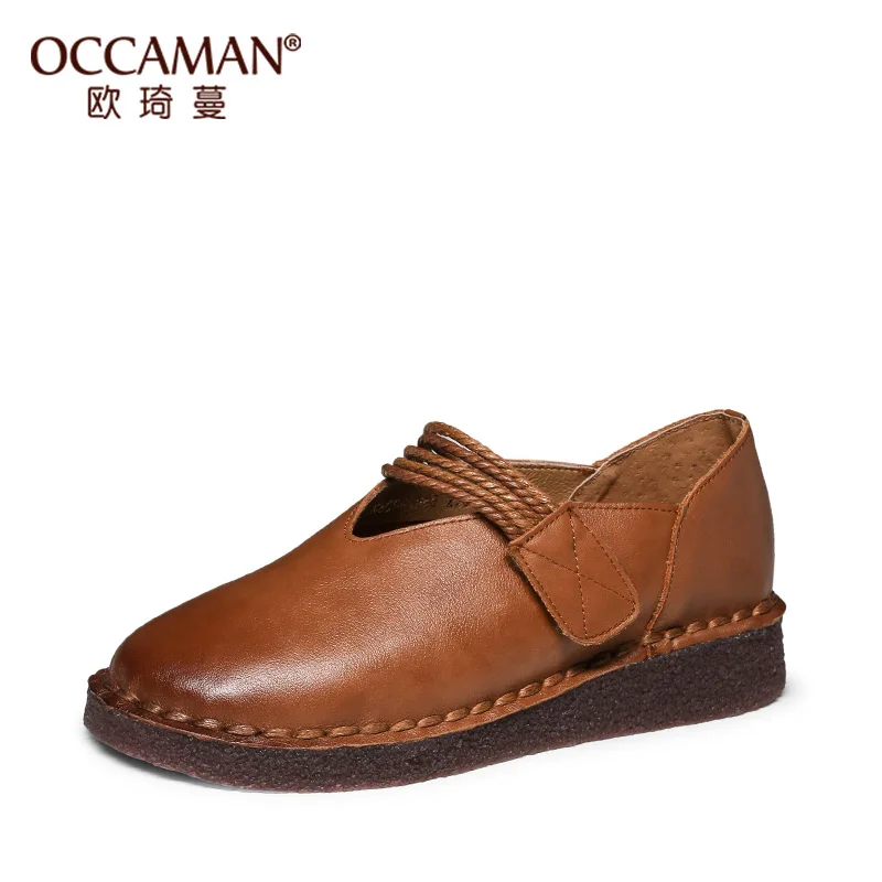 

OCCAMAN Spring Cowhide Retro Hemp Magic Hoop Soft Platform Shoes Casual Leather Women Shoes 04068