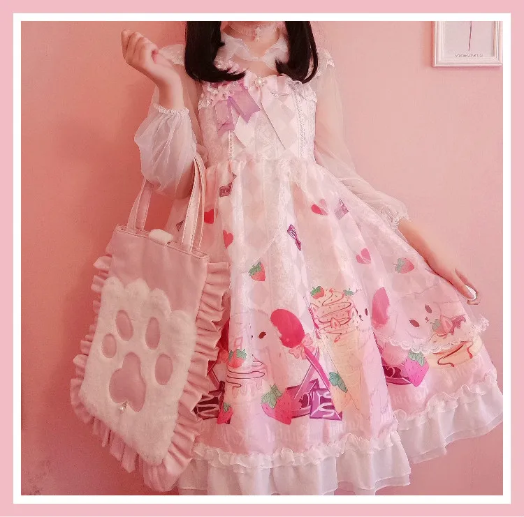 Kawaii мягкое японское платье Лолита для девочек Клубника десерт кролик сарафан Лолита женское летнее платье