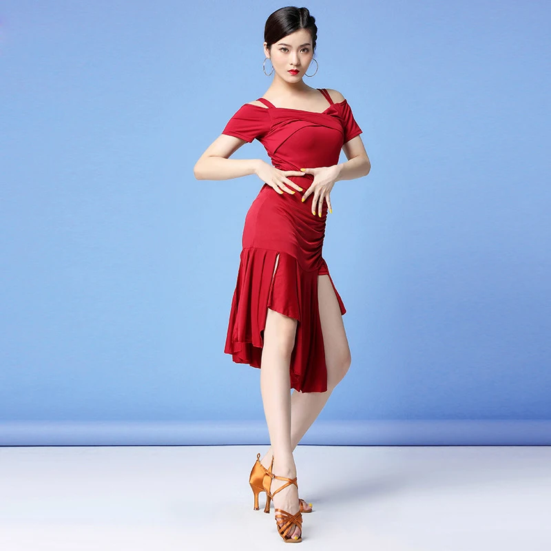 Новая мода Женская Одежда для танцев сальса самба платье с открытыми плечами нерегулярные латинские платья