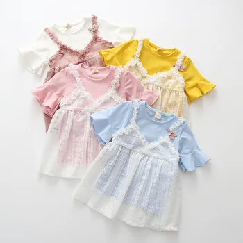 

Summer new Korean version cute 2-4 year old girl baby lace suspender dress girl princess short sleeve two-piece suit