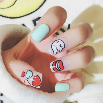 

24pcs Cute Lover Heart Red Lip Decoration Blue White Short Square press on Full Cover False Nails Tips with Glue for girls DIY
