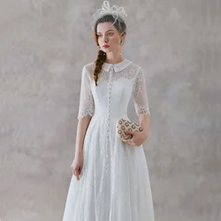 Half Sleeve Wedding Dresses  Lace Illusion Bride Dress Vintage Simple Invisible Zipper Vestido De Noiva