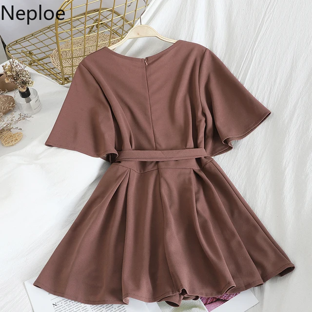 Neploe 2021 Solid V Neck Women Jumpsuit Fashion Korean Short Sleeve Lace Up Playsuit Casual High Waist Wide Leg Bodysuit 81272 2
