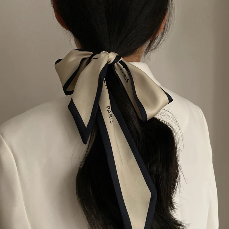 Luna&Dolphin Women Narrow Long Scarf 100x6cm Chic French Gentle Elegant Chiffon Silk Tie Letter Print Bag Ribbon Headband Choker 3