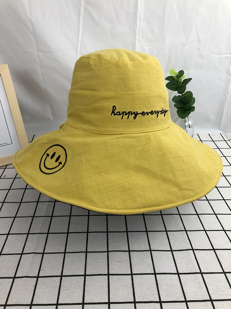 Одноцветная Двусторонняя шапка в рыбацком стиле, желтая шляпа со смайликом, шапка-ведро с вышитыми буквами для мужчин и женщин, уличная Солнцезащитная шляпа для