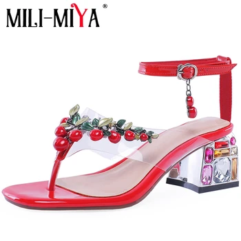 

MILI-MIYA Women Fashion Sandals Genuine Leather Crystal Square Heels Buckle Strap Big Size 34-46 Handmade For Ladies Summer Shoe