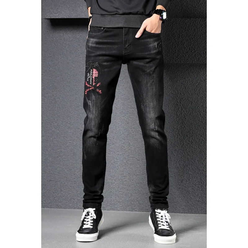 

Autumn Jeans Men's Popular Brand Slim Fit Skinny Pants Korean-style Trend Versatile Badge Elasticity Embroidered Black Pants Men