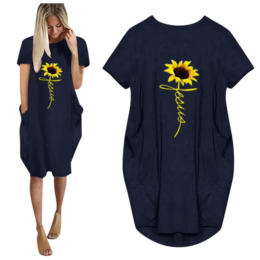 Women Casual Loose Dress with Pocket Ladies sunflower printin O Neck Long Tops Female T Shirt Dress Streetwear Plus Size vestido