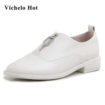 

Vichelo Hot autumn new arrival plus size round toe med heel zipper black white French romantic beauty lady daily wear pumps L11